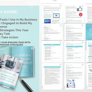 May include: A blue and white digital marketing guide with the text "Whats inside: The Tools I Use in My Business, How I Engaged to Build My Audience, Top Strategies This Year, Money Talk, Let's Take Action, Get to Your $100,000 Year with Proven Strategies". The guide includes a table of contents, a welcome letter, and a section on the tools used to run a business.