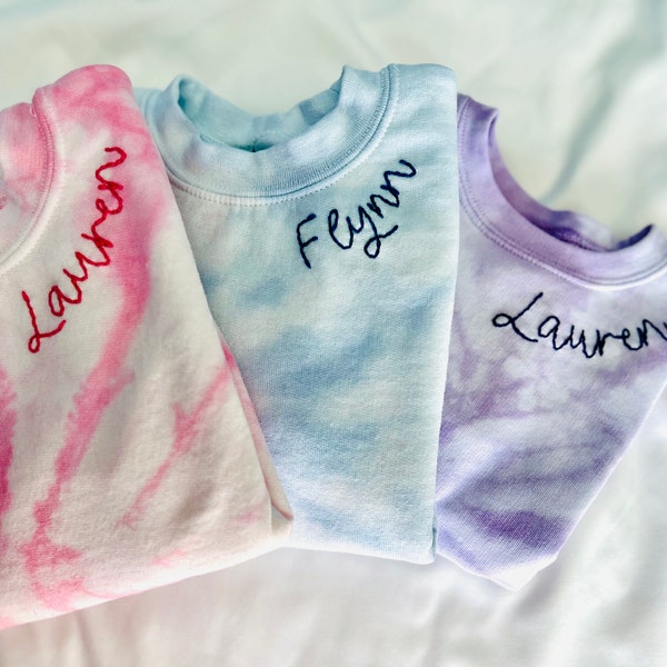 Toddler Kids Tie Dye Custom Hand Stitched Embroidered Name Sweatshirt, Personalized Name Collar Crewneck Stitched Name Monogram for Youth