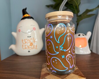 Halloween Ghosts-beker, glazen blikje, Libbey-beker, mok, ijskoffieglas, spookachtige beker, spookglaswerk, boo-glazen mok, Halloween-glas,