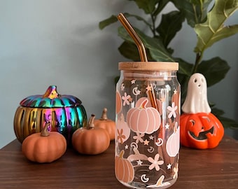 Pumpkin Glass Cup, Autumn Cup, PSL cup, pumpkin spice iced coffee glass, Cozy vibes, pastel pumpkin, Halloween glass, pumpkin iced coffee