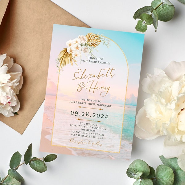Dreamy Beach Wedding Invitation Editable Template, Front and Back Design, Cotton Candy Sky Sunset Dreamy Beach Wedding Invitation 5 x 7