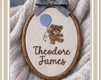 Baby name sign embroidered with teddy bear and balloon, baby name reveal sign heirloom, nursery wall decor personalized