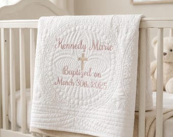 Personalized Baptism Gift Heirloom blanket, Custom Embroidered Quilt