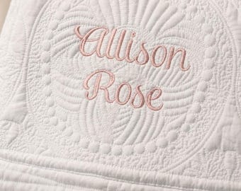 Personalized embroidered baby blanket, custom cotton quilt with name, heirloom baby shower gift