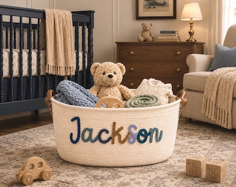Personalized Handmade Basket • Baby Shower Gift • Toy Organizer • I-Cord Knitting Craft