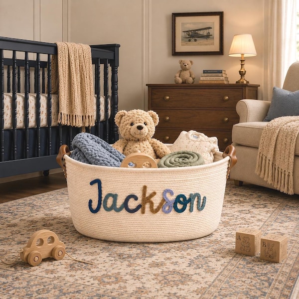 Personalized Handmade Basket • Baby Shower Gift • Toy Organizer • I-Cord Knitting Craft