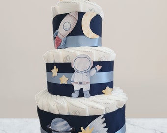 Rocket astronaut diaper cake, spaceship, moons and stars baby shower decor, space astronaut centerpiece.