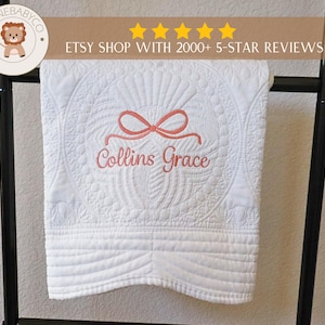 Baby shower gift girl quilt blanket embroidered bow personalized baby name heirloom keepsake quilt monogram baby blanket baby room decor
