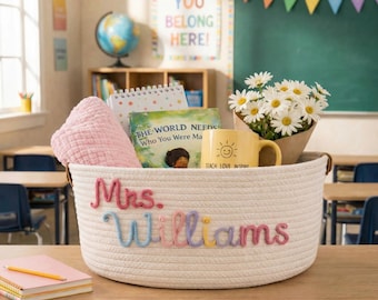 Personalized Teacher Gift Basket | Teacher Appreciation Week Gift | Custom Name Rope Basket | End of Year Teacher Gift | Classroom Organizer