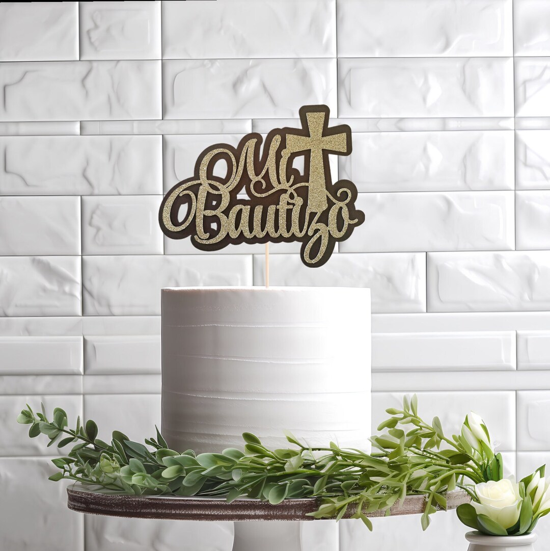 Mi Bautizo Cake Topper - Gold Cross Baptism Decor With Doves & Olive Branches, 7.87x5.51 Inches, Acrylic
