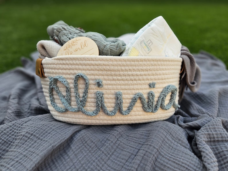 Baby shower personalized gift basket, baby Gift Basket Rope Cotton Basket Baby Gift Basket Toy Basket Storage Basket Baby Name Gift image 1