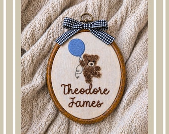Baby name sign embroidered with teddy bear and balloon, baby name reveal sign heirloom, nursery wall decor personalized