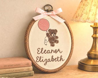 Baby name sign embroidered with teddy bear and balloon, baby name reveal sign heirloom, nursery wall decor personalized