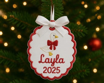 Baby's First Christmas Duck Custom Embroidered Scallop Ornament - Personalized kids' embroidered ornament