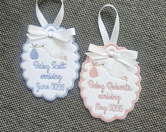 Stork Pregnancy Announcement Custom Embroidered Scallop Christmas Ornament