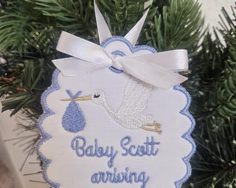 Custom embroidered Christmas Ornament scalloped baby announcement