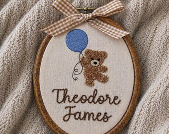 Baby name sign embroidered with teddy bear and balloon, baby name reveal sign heirloom, nursery wall decor personalized