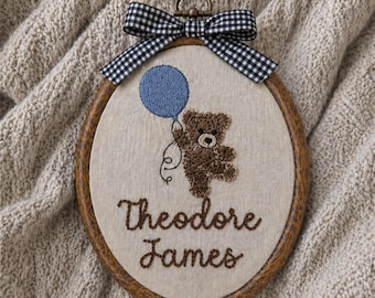 Baby name sign embroidered with teddy bear and balloon, baby name reveal sign heirloom, nursery wall decor personalized