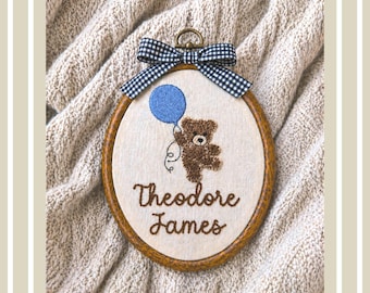Baby name sign embroidered with teddy bear and balloon, baby name reveal sign heirloom, nursery wall decor personalized