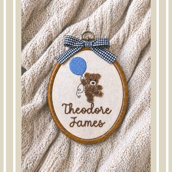 Baby name sign embroidered with teddy bear and balloon, baby name reveal sign heirloom, nursery wall decor personalized