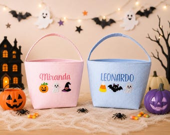 Personalized Halloween Basket | Embroidered Trick or Treat Bucket | Custom Kids Candy Bag | Ghost Pumpkin Witch Bat Basket