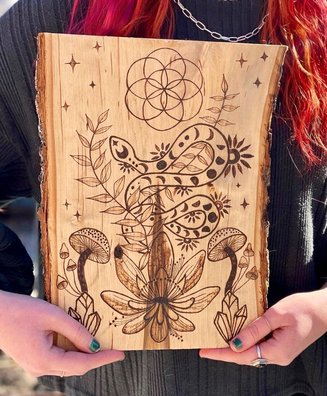 Snake Moon Phase Mushroom Wood Burning Wall Hanging - Etsy