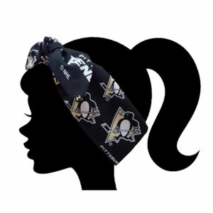 Handmade Pittsburgh Ladies Top Knot Headband, Knotty, Made with officially licensed Penguins fabric, headband, Hockey team headband