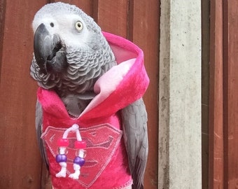 Velvet pink supergirl parrot hoody - Bird/parrot clothing, bespoke, babesinthehood. NOTE: D/rings are available as paid option. No names