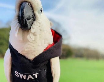 SWAT parrot hoody - Bird/parrot clothing, bespoke, babesinthehood. NOTE: D/rings are available as paid option. No names