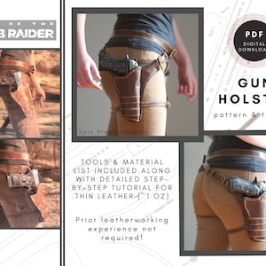 May include: A digital download pattern and tutorial for a leather gun holster. The image shows a woman wearing a brown leather holster on her right thigh. The image also includes a close-up of the holster and a list of tools and materials needed to make the holster.
