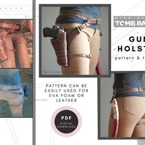 May include: A digital download pattern and tutorial for a leather gun holster, inspired by the video game Rise of the Tomb Raider. The pattern can be used for EVA foam or leather.
