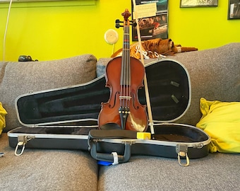 May include: A brown violin with a black case. The violin has a black and white string and a black chin rest. The case is open and the violin is sitting on top of it.