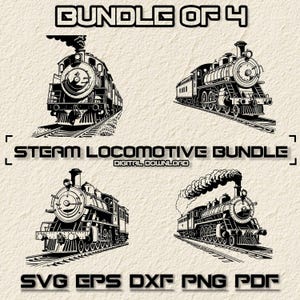 Pacote de svg de locomotiva a vapor, pacote de 4 designs de trem, svg de trem preto, svg de trem de carga, silhueta de trem de passageiros, locomotiva a vapor vintage