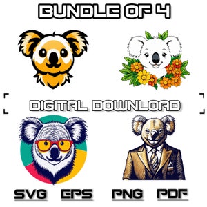 Kleurrijke koala SVG-bundel, PNG, bloemen koala clipart, handgetekende koala&#39;s vector illustratie SVG-bestanden voor lasergravure gekleurde koala SVG