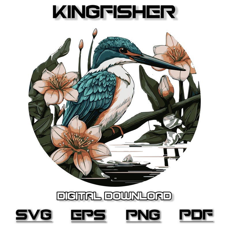 Floral Kingfisher SVG, Clip Art, Fine Line Wildlife Bird Portrait, Printable Decal for Stencil ...