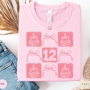 12th Birthday Shirt, Girly 12th Birthday Shirts, Coquette Bow Birthday Girl Tshirt, Gift for Twelve Year Old Girl, Pink Bows Party Theme