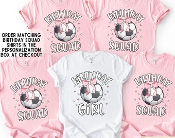 Chemises de fête de groupe d'escouade de football d'anniversaire, chemise de fille d'anniversaire de thème de fête de football de noeud girly coquette, fille d'anniversaire de football 8 9 10 11 12 13