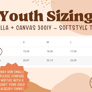 Peut inclure: Tableau des tailles pour les t-shirts doux Bella + Canvas 3001Y pour enfants. Le tableau indique les mesures de largeur et de longueur en pouces pour les tailles S, M, L et XL.