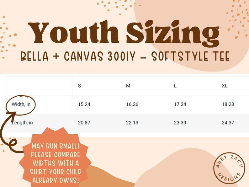 Peut inclure: Tableau des tailles pour les t-shirts doux Bella + Canvas 3001Y pour enfants. Le tableau indique les mesures de largeur et de longueur en pouces pour les tailles S, M, L et XL.