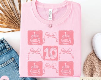 10th Birthday Shirt, Girly Birthday Shirts, Coquette Bow Birthday Girl Tshirt, Gift for Ten Year Old Girl, Pink and White Bow Party Theme