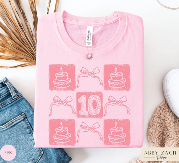 10th Birthday Shirt, Girly Birthday Shirts, Coquette Bow Birthday Girl Tshirt, Gift for Ten Year Old Girl, Pink and White Bow Party Theme