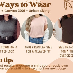Puede incluir: Tres formas de llevar una camiseta unisex Bella + Canvas 3001. La imagen muestra tres modelos que llevan la misma camiseta en diferentes tallas: un modelo lleva una talla ajustada, otro lleva una talla holgada y otro lleva una talla grande.