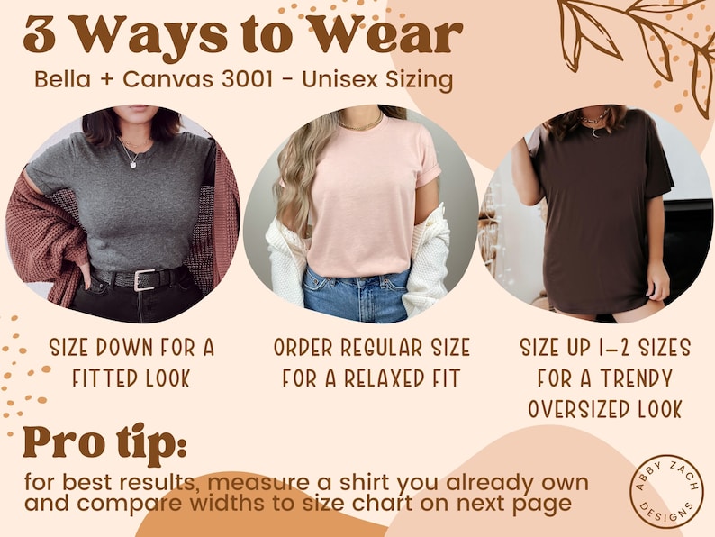 Puede incluir: Tres formas de llevar una camiseta unisex Bella + Canvas 3001. La imagen muestra tres modelos que llevan la misma camiseta en diferentes tallas: un modelo lleva una talla ajustada, otro lleva una talla holgada y otro lleva una talla grande.