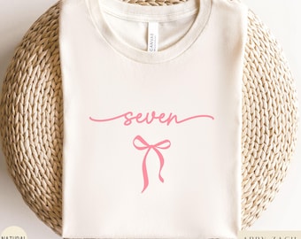 Girly 7th Birthday Shirt, Minimalist 7th Bday Shirt, Seven Coquette Bow Bday Tshirt, Gift for 7 Year Old, Preppy Bow Birthday Girl