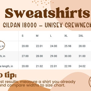 K&ouml;nnte beinhalten: Gr&ouml;&szlig;entabelle f&uuml;r Gildan 18000 Unisex-Sweatshirts mit Rundhalsausschnitt. Die Tabelle zeigt die Ma&szlig;e in Zoll f&uuml;r Breite, L&auml;nge und &Auml;rmell&auml;nge f&uuml;r die Gr&ouml;&szlig;en S, M, L, XL, 2XL und 3XL.
