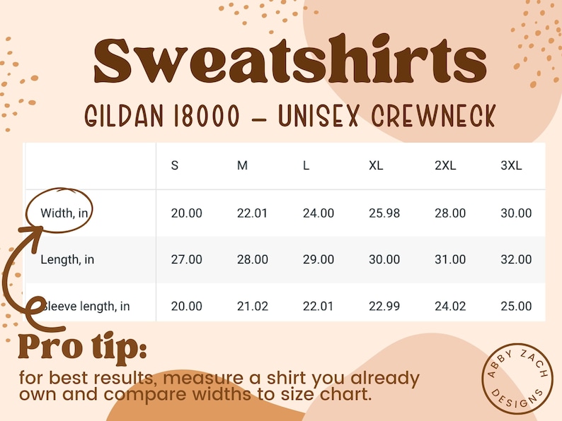 K&ouml;nnte beinhalten: Gr&ouml;&szlig;entabelle f&uuml;r Gildan 18000 Unisex-Sweatshirts mit Rundhalsausschnitt. Die Tabelle zeigt die Ma&szlig;e in Zoll f&uuml;r Breite, L&auml;nge und &Auml;rmell&auml;nge f&uuml;r die Gr&ouml;&szlig;en S, M, L, XL, 2XL und 3XL.