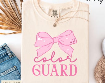T-shirt Color Guard Comfort Colors® pour fanfare, chemises Color Guard, joli t-shirt pour fille Color Guard avec noeud BCBG rose, cadeau Color Guard