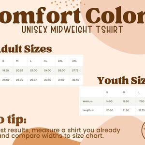 K&ouml;nnte beinhalten: Beige Grafik mit dem Text "Comfort Colors" und "UNISEX MIDWEIGHT TSHIRT." Enth&auml;lt Gr&ouml;&szlig;entabellen f&uuml;r Erwachsene und Jugendliche, mit Ma&szlig;en in Zoll. Ein Profi-Tipp empfiehlt, ein Shirt zu messen.
