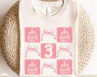 Girly 3rd Birthday Shirt, Minimalist 3rd Bday Shirt, Three Coquette Bow Bday Tshirt, Gift for 3 Year Old, Preppy Bow Birthday Girl