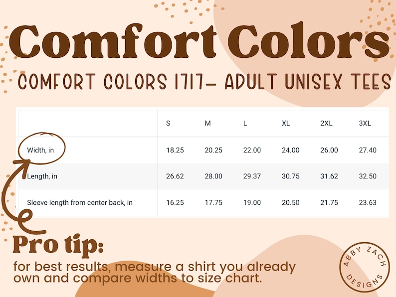 K&ouml;nnte beinhalten: Eine Gr&ouml;&szlig;entabelle f&uuml;r Comfort Colors 1717 Unisex-T-Shirts f&uuml;r Erwachsene. Die Tabelle zeigt Ma&szlig;e f&uuml;r Breite, L&auml;nge und &Auml;rmell&auml;nge in cm, von Gr&ouml;&szlig;e S bis 3XL. Der Text "Comfort Colors" steht oben.